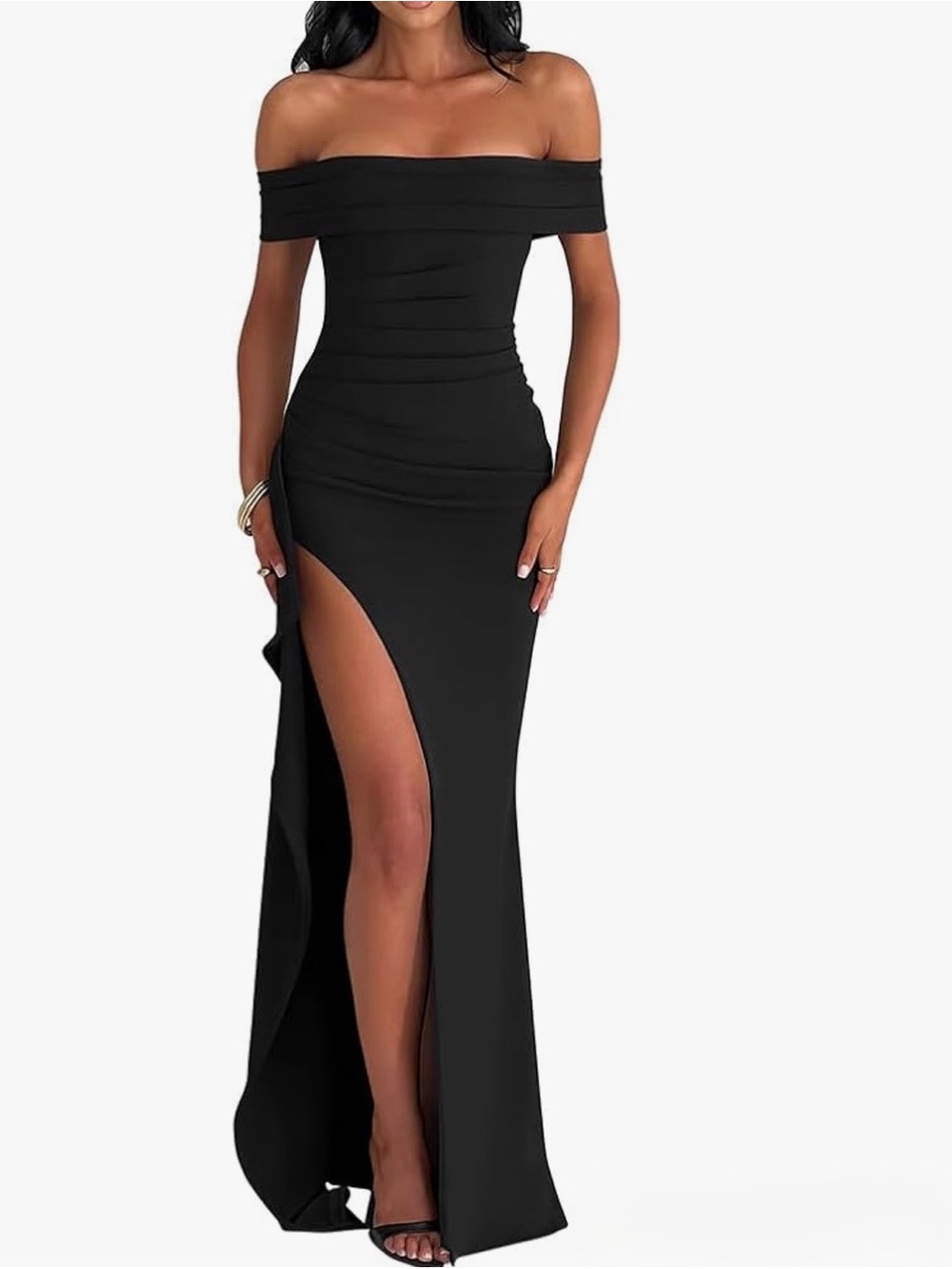 Off-Shoulder Black Ruched Evening Gown with High Slit